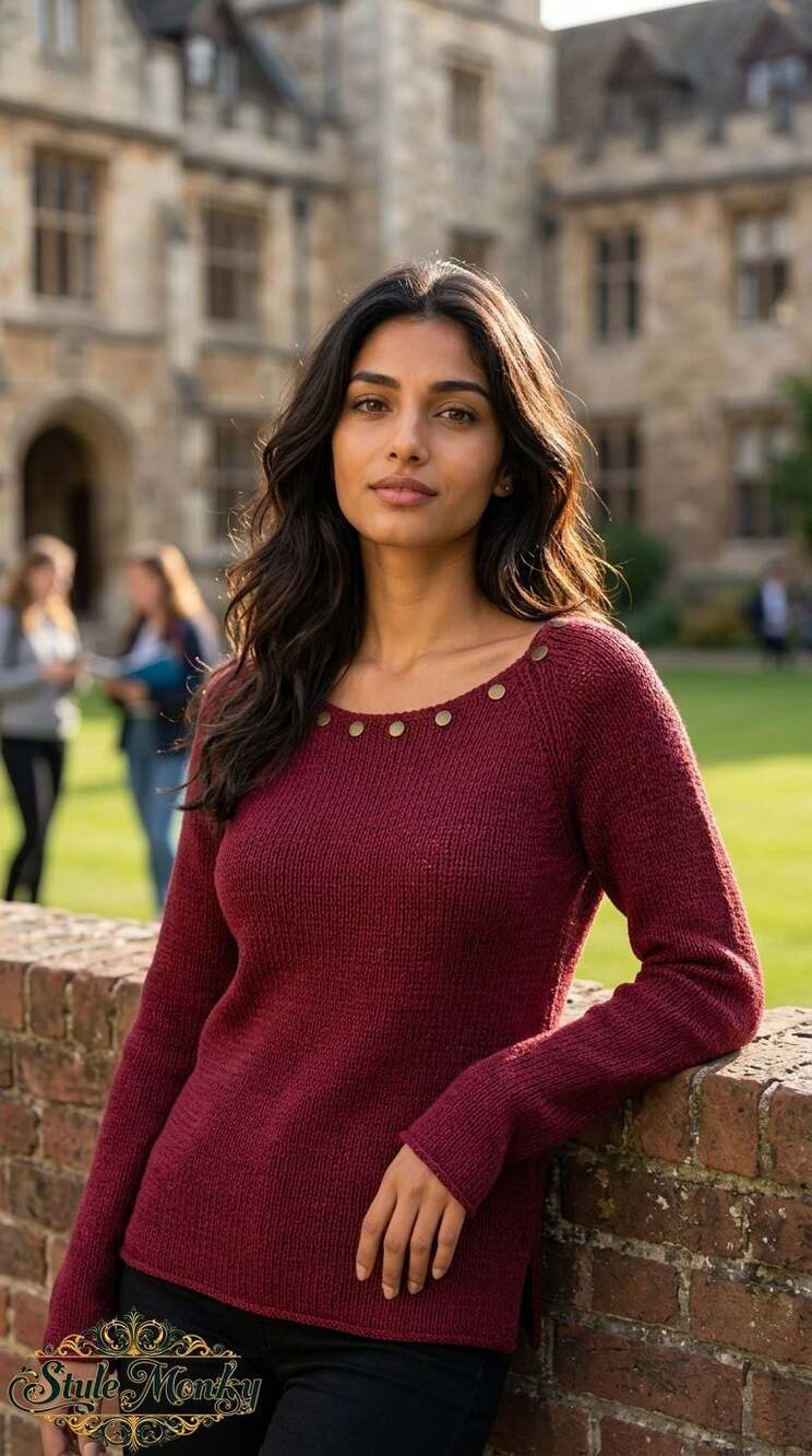 Principles Women's Maroon Knit Scoop Neck Sweater w Embellished Neckline